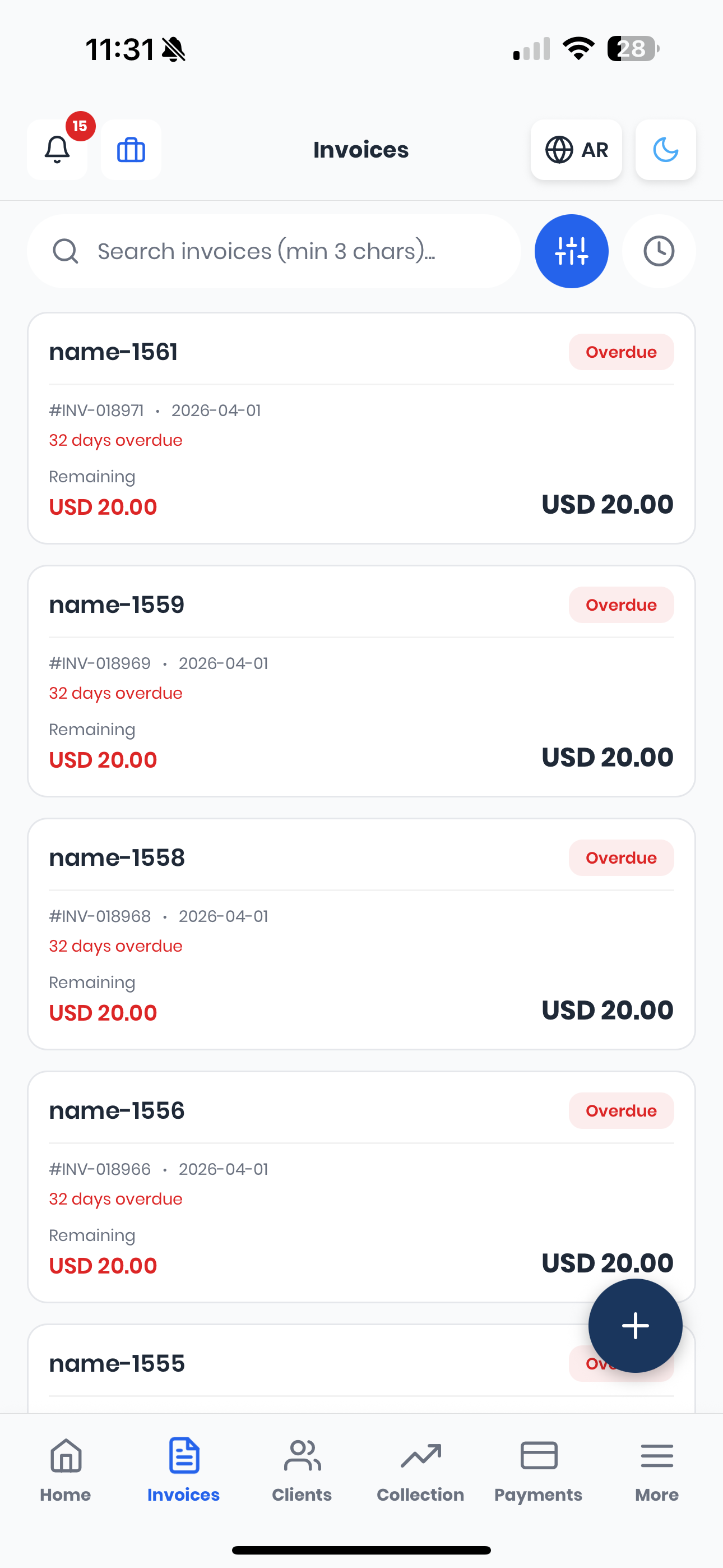 Invoices screen